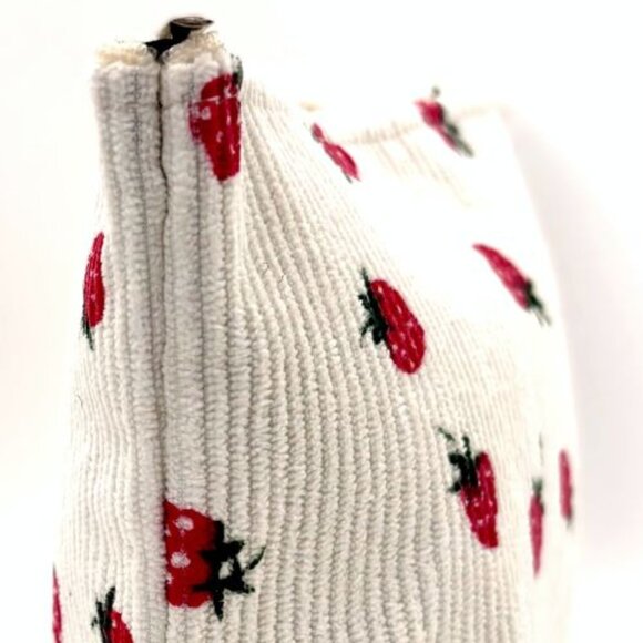 Cream Corduroy Strawberries Strawberry Pattern Zippered Pouch Makeup Travel Bag - Picture 3 of 5